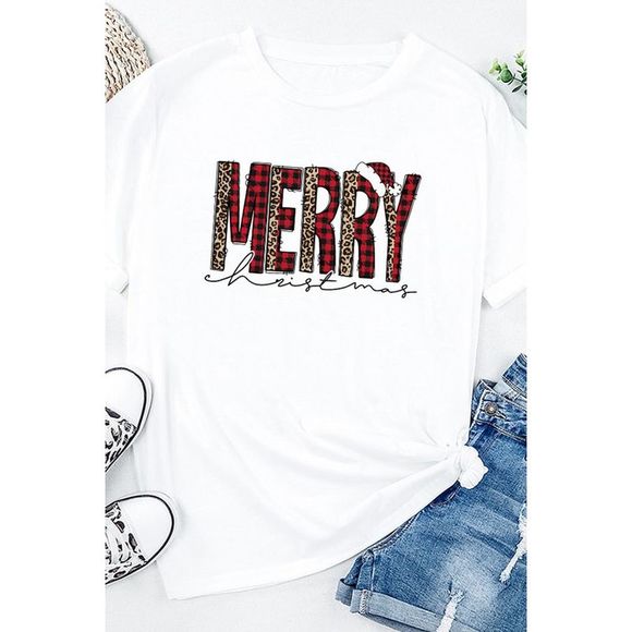Azura Exchange  White Plaid Leopard MERRY Christmas Print T Shirt - Picture 13 of 15